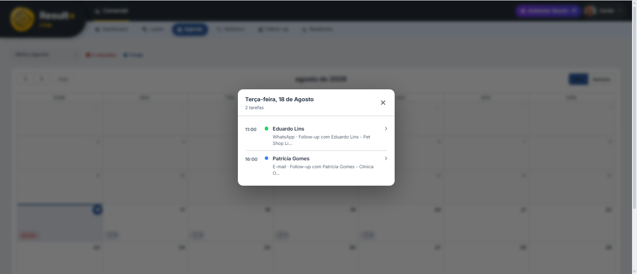 Agenda comercial do CRM Result+ com follow-ups organizados por dia